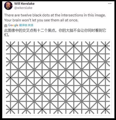 这是Twitter（X）用户Will Kerslake发布的趣味科普帖，帖子中展示了一张经典的视觉错觉网格图：灰色交叉网格的特定交叉点分布着12个黑点，但由于人类视觉神经的侧抑制效应，当尝试注视所有黑点时，大脑无法同时感知到全部黑点，注视某个黑点时，周围的黑点会“消失”，直观展现了人类视觉系统的局限性。
原理说明：这种现象属于视觉神经的侧抑制作用，即相邻的视觉感受器会互相抑制，导致我们无法同时捕捉到所有的黑点。
