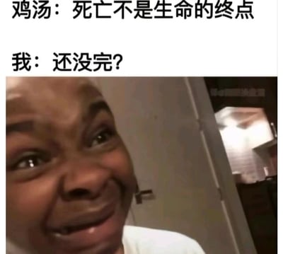 这是一张图文混排的搞笑反鸡汤梗图，上方是常见的正能量鸡汤文字“鸡汤：死亡不是生命的终点”，下方搭配了一张黑人男子的面部特写截图，该男子面部扭曲，露出崩溃又无奈的戏谑笑容，同时配文“我：还没完？”。整图通过鸡汤与普通人真实情绪的强烈反差，用戏谑的方式表达出当代人在生活压力下，疲惫到连死亡都不觉得是解脱的绝望感，既搞笑又精准地戳中了人们对无休止生活的吐槽心理，引发共鸣。
