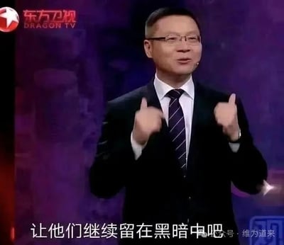 这是一张东方卫视政论节目《这就是中国》的视频截图，画面中的学者张维为身着深色西装、佩戴眼镜，面带微笑，双手竖起大拇指。图片底部添加了文字“让他们继续留在黑暗中吧”，这句话常被用来表达不屑于与认知不同的人争辩、选择任其保持原有观点的情绪，图中无谐音梗、双关或暗示类内容。