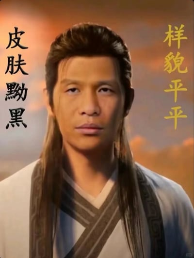 这是一张明显带有网络梗图风格的图片，画面为一位古装男子，背景色彩柔和，有夕阳的色调。人物身穿汉服造型，长发披肩，衣纹细节典型中国古风。左侧有黑色竖排文字“皮肤黢黑”，右侧为黄色竖排文字“样貌平平”。该图用幽默夸张的文字，营造自嘲或调侃的效果，常见于古风/江湖相关表情包语境。

图中文字的“皮肤黢黑、样貌平平”具有双关、调侃成分，用于形容外貌不突出、略带戏谑。