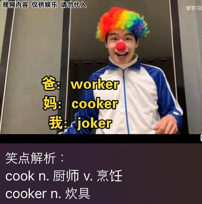 这是一张竖屏短视频截图类梗图，画面中一位真人戴着彩色爆炸头小丑假发和红色小丑鼻子，身穿蓝白拼色运动外套，站在类似电梯的空间里，表情搞怪开心。图中通过文字构建了“爸：worker（工人），妈：cooker，我：joker（小丑）”的家庭身份句式，下方的笑点解析点明了幽默核心：英语里cook可作名词表示厨师，而cooker的实际含义是炊具，错误地将妈妈的身份用cooker表述，和自己的joker（小丑）形成呼应，自嘲自己像个小丑，利用英语易混淆词汇的误解制造出搞笑反差，同时也科普了cook和cooker的词义区别。