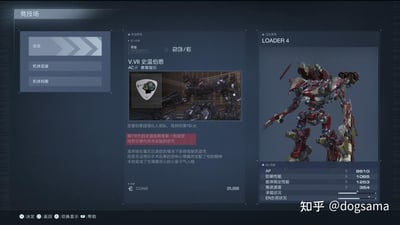 该图片为游戏中的竞技场界面截图，整体采用深蓝色科技感UI设计。左侧为功能导航区，包含“出击”“机体组装”“机体档案”三个选项；中间区域展示机体“V.VII 史温伯恩”的详细信息，包括等级“23/E”、背景故事（亚基拉集团强化人部队成员，接受过珂若尔替代技术实验，性格从热心肠变为充满野心的小家子气）及缩略图；右侧为“LOADER 4”机甲的3D展示图及性能参数（AP 9810、机体性能1066等）。底部有“决定”“返回”等操作按钮及知乎用户水印。