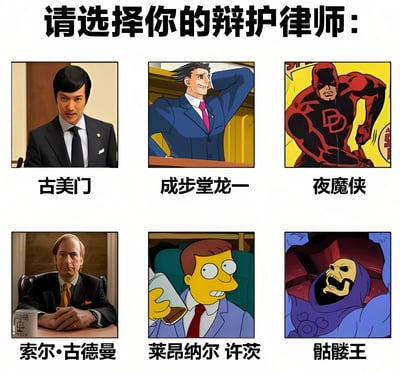 图片为2x3网格布局的多图拼接内容，上方标题为“请选择你的辩护律师：”，下方展示六位来自不同影视、游戏作品的角色，分别标注姓名作为可选律师选项。角色包括真人演员饰演的古美门研介（《Legal High》）、成步堂龙一（《逆转裁判》动画形象）、夜魔侠（漫威漫画超级英雄）、索尔·古德曼（《风骚律师》）、莱昂纳尔·许茨（《辛普森一家》卡通角色）以及骷髅王（《宇宙的巨人希曼》反派角色）。整体通过将不同类型的“律师”或法律相关角色汇集，以幽默调侃的方式呈现选择场景。
