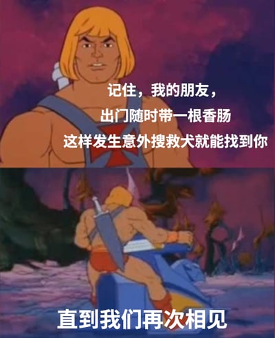 这是一张上下拼接的动画截图改编梗图，上方是美国经典动画《宇宙的巨人希曼》的主角希曼正面形象，他表情严肃，配文用一本正经的语气说道“记住，我的朋友，出门随时带一根香肠，这样发生意外搜救犬就能找到你”，提出了一个无厘头的生活建议；下方是希曼骑上坐骑准备离开的画面，配文“直到我们再次相见”，还原了动画里希曼告别的经典场景。原本严肃的角色和告别的场景，结合上方滑稽的无厘头台词，形成强烈的反差感，制造出幽默搞笑的效果，图中没有双关、谐音梗等内容，仅通过严肃角色与滑稽内容的反差来实现喜剧效果。