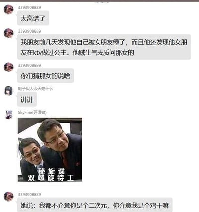 这是一张来自社交群聊的聊天记录截图，用户3393908889在群内分享朋友的离谱情感经历：朋友发现被女友背叛，还得知女友曾在KTV做过公主，愤怒质问女友时，女友却说出“我都不介意你是个二次元，你介意我是个鸡干嘛”的荒诞回应。聊天过程中，另一位用户SkyFine(码语者)发出一张带有“双螺旋特工 秘”文字的梗图，用凑过来八卦的人物形象表达对后续内容的好奇，整个对话充满了荒诞感与搞笑氛围，是网络上常见的离谱段子分享。