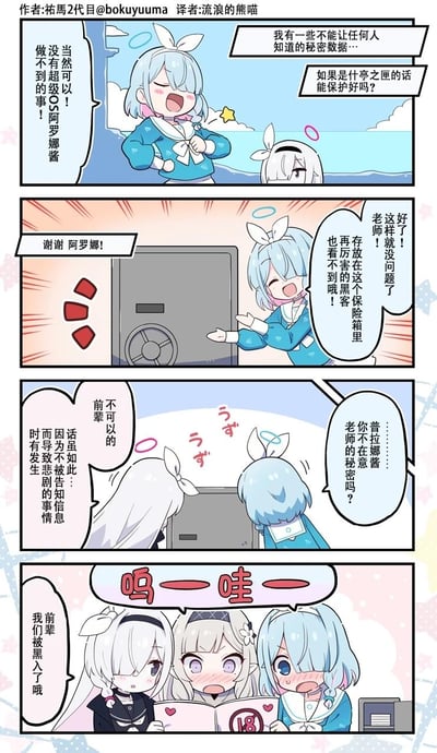 这是《碧蓝档案》的同人四格漫画，剧情如下：
1. 老师提出要保管秘密数据，询问阿罗娜用什亭之匣能否保护好，阿罗娜自信打包票没问题；
2. 阿罗娜做成保险箱后，自信地向老师展示，认为能防住所有黑客；
3. 普拉娜提醒阿罗娜，即便不被告知信息，也可能因信息泄露引发悲剧；
4. 很快阿罗娜、普拉娜和日富美就发现被黑客入侵，原来老师的「秘密数据」是18禁内容，已经被泄露，三人瞬间陷入尴尬又惊恐的状态。
漫画通过反转的搞笑剧情，玩了「秘密数据是成人内容」的梗，十分有趣。