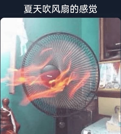 这是一张经过P图改编的搞笑梗图，图中的普通电风扇扇叶被修改成带有火焰的特效，仿佛正在喷出灼热的热风，搭配图片顶部的文字“夏天吹风扇的感觉”，以夸张的手法调侃了盛夏时节气温过高，即使开启风扇也无法感受到凉爽，反而像是被热风烘烤的无奈体验，精准戳中了人们在酷暑中的真实感受，充满了诙谐的吐槽意味。
