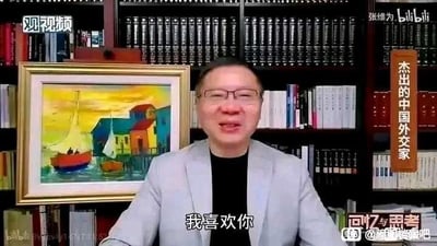 张维为坐在摆满书籍的书架前，身后有一幅彩色帆船油画。他穿着灰色西装外套和黑色内搭，面带微笑。画面中出现字幕'我喜欢你'，右侧有'杰出的中国外交家'字样标识。