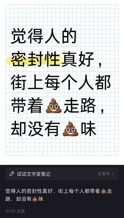 本图是一则幽默段子，用emoji💩代指排泄物，调侃人的密封性很好：即使每个人都‘带着💩走路’，竟然也闻不到💩味。整体以黑体字配横格纸背景图呈现，下方为聊天应用的自动同步文本。属于冷幽默自嘲和语言双关类型梗。这里“带着💩走路”有夸张搞笑和语言双关成分，真实意思是每个人肠道都装着大便，但闻不到味道，夸人类身体密封性能好。