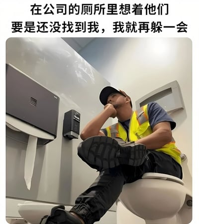 图片展示了一名穿着黄色安全背心和蓝色T恤的男子，戴着帽子，正坐在公司厕所的马桶上。他将一只脚踩在旁边的另一个马桶上，手托下巴，表情若有所思。图片上方配有文字：'在公司的厕所里想着他们要是还没找到我，我就再躲一会'，幽默地表达了职场人士想要逃避工作、偷偷休息的心态。