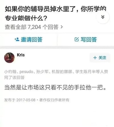 这是一张来自知乎平台的问答截图，核心提问为“如果你的辅导员掉水里了，你所学的专业能做什么？”，用户Kris结合经济学专业的经典概念“看不见的手”（市场自发调节机制），给出了趣味回答“当然是让市场这只看不见的手拉他一把”。该回答获得了小约翰、pesudo等多位用户的赞同，发布于2017年5月8日。回答以幽默玩梗的方式，将专业知识融入趣味提问的回应中，既贴合经济学专业内容，又充满趣味性，容易引发相关专业学生的共鸣。