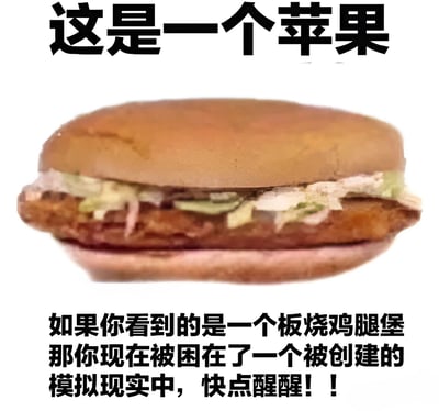 图片上方有大字标题“这是一个苹果”，中间是一张板烧鸡腿堡的照片，下方配有文字“如果你看到的是一个板烧鸡腿堡那你现在被困在了一个被创建的模拟现实中，快点醒醒！！”。这是一个利用视觉矛盾制造幽默效果的梗图，通过标题与实际图像的不符，结合“模拟现实”的概念，形成一种荒诞搞笑的反差。