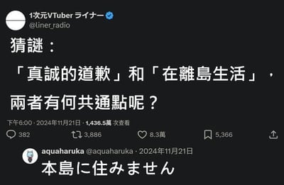 这是一张X（原Twitter）的社交媒体截图，认证用户「1次元VTuberライナー」发布了一则趣味猜谜：「“真诚的道歉”和“在离岛生活”，两者有何共通点呢？」。下方用户「aquaharuka」给出了一语双关的日文回复「本島に住みません」，这个回复是核心的谐音梗：
- 字面意思为“不住在本岛”，恰好对应“在离岛生活”的状态；
- 日语发音为「ほんとうにすみません」，和表达“真的很抱歉（真诚的道歉）”的日语发音完全一致，完美串联起两个看似无关的描述，形成了冷笑话式的猜谜答案。