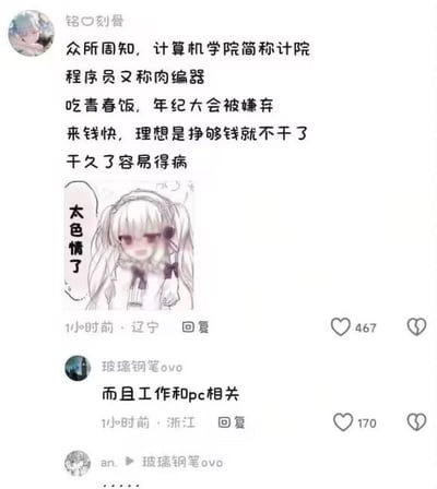 这是一张社交平台评论区截图，第一条评论首先罗列计算机学院简称计院、程序员又称肉编器、程序员吃青春饭年纪大被嫌弃、来钱快想赚够就退休、干久容易得病等内容，利用「计院」谐音「妓院」、「肉编器」谐音「肉便器」的谐音，故意将程序员行业的特征和性服务行业的特征做相似性关联，搭配了一张二次元白发少女吐槽「太色情了」的表情包；下方另一名网友补充评论「而且工作和pc相关」，再次利用「PC」既指代个人电脑又谐音「嫖客」的双关含义延续这个擦边谐音梗，整体是网友玩梗调侃程序员职业的搞笑内容。