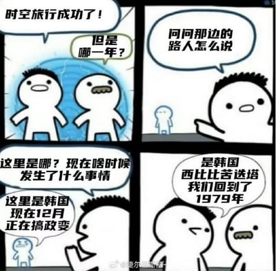这是一幅四格连环卡通梗图，剧情围绕两个卡通小人展开：
1. 第一格：无胡子的卡通小人兴奋地喊出“时空旅行成功了！”，有胡子的小人则疑惑地问“但是哪一年？”，两人身后是蓝色的时空传送门。
2. 第二格：无胡子小人提议“问问那边的路人怎么说”，画面远处出现一个路人小人。
3. 第三格：路人小人迷茫地反问“这里是哪？现在啥时候 发生了什么事情”，无胡子小人回答“这里是韩国 现在12月 正在搞政变”。
4. 第四格：有胡子小人结合回答，用谐音梗“西比比苦迭塔”（对应韩语里政变相关表述的发音），得出结论“是韩国 西比比苦迭塔 我们回到了1979年”。
该梗图通过时空旅行到特定历史节点的设定，搭配谐音玩梗，制造出荒诞搞笑的效果。