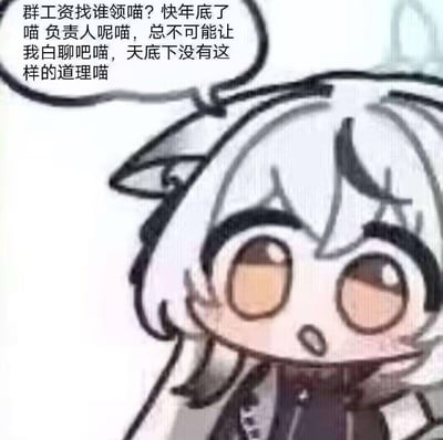 这是一张Q版卡通兽娘的静态表情包，角色有着白色兽耳与浅金色圆眼睛，表情带着疑惑又急切的神态，上方的对白气泡里写着一段带“喵”字后缀的诉求：“群工资找谁领喵？快年底了喵 负责人呢喵，总不可能让我白聊吧喵，天底下没有这样的道理喵”。该图以拟人化的猫咪语气，把日常群聊调侃成“工作”，讨要“群工资”，生动表现出类似打工人年底讨薪的搞笑诉求，是网友用来在群聊或社交平台玩梗、自嘲的趣味素材，没有双关或谐音梗。