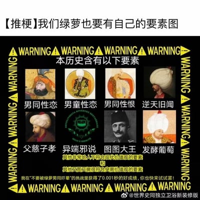 这是一张模仿“要素警告”模板制作的历史玩梗图，针对被网友戏称为“绿萝”的奥斯曼帝国，用8张相关历史人物肖像+1个图标，对应9个戏谑化的历史梗标签：“男同性恋”“男童性恋”“男同性恨”“逆天旧闻”“父慈子孝”“异端邪说”“图图大王”“发酵葡萄”。其中“父慈子孝”是反讽奥斯曼帝国君主父子相残的历史，“图图大王”指代穆斯塔法·凯末尔（阿塔图尔克）的玩梗称呼，“发酵葡萄”指代葡萄酒相关的历史梗，“逆天旧闻”则是调侃奥斯曼帝国的各类猎奇历史事件。图中还加入了“不要被绿萝男同吓晕”的挑战玩梗文字，整体用夸张的WARNING警告样式包装，将奥斯曼帝国的争议性、猎奇性历史事件进行搞笑解构，风格戏谑猎奇。