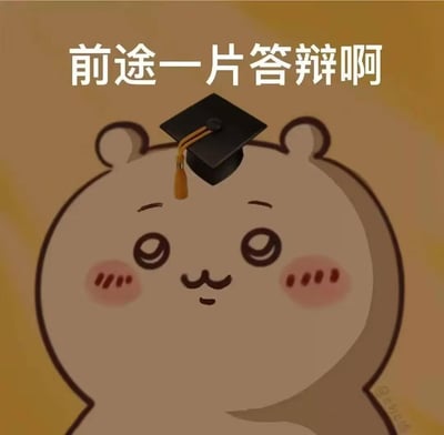 这是一张基于日本IP《Chiikawa》（吉伊卡哇）角色的二次创作表情包，给软萌的卡通角色戴上了黑色学士帽，上方配文“前途一片答辩啊”。图中运用了谐音梗：“答辩”谐音“黯淡”，将原本的“前途一片黯淡”改写，既贴合毕业季学生要完成论文答辩的学业场景，又用自嘲的口吻表达了毕业生对未来的迷茫与焦虑；角色眼神空洞、脸颊泛红，表情透出无奈与疲惫，完美呼应了这种emo的情绪。