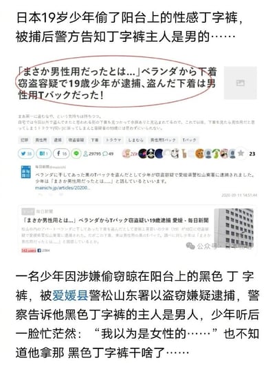 这是一张整合翻译日本新闻的图文混排截图，顶部用中文提炼了新闻核心：日本一名19岁少年偷窃晾在阳台上的性感丁字裤，被捕后警方告知他丁字裤的主人其实是男性。中间部分展示了日文原新闻内容，其中核心标题被红圈标注，内容为少年没想到被盗的内衣是男性丁字裤，自己因盗窃被逮捕。下方附有日本每日新闻的社交媒体推文截图和原新闻网页截图，截图显示新闻发布于2020年9月11日。图片底部再次用中文完整总结了事件：少年偷窃黑色丁字裤被逮捕，得知主人是男性后十分茫然，称原本以为丁字裤属于女性，末尾还留下了调侃性的疑问。