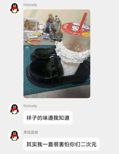 这是一段QQ聊天记录截图，用户Nobody先发出一张创意错位P图：将带有白色蕾丝装饰的奶茶杯放置在黑色小皮鞋内，视觉上营造出“奶茶杯是腿、穿着皮鞋”的趣味错位效果。随后Nobody配文“祥子的味道我知道”，这里运用了谐音梗，老舍经典作品《骆驼祥子》中的主角祥子以拉黄包车为生，常年奔波，这里的“祥子”谐音“鞋子”，用错位图呼应“鞋子的味道”的调侃。另一用户黑脂雷奥回复“其实我一直很害怕你们二次元”，吐槽这类脑洞清奇的二次元整活内容。
