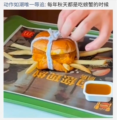 这是一个充满创意的美食整活内容，创作者将麦当劳汉堡用绳子捆绑固定，把薯条插在汉堡的两侧，模仿秋季热门美食大闸蟹的蟹腿造型，旁边还搭配了一小碗蘸料，还原吃大闸蟹的场景。图片上方配文“动作如潮唯一辱追：每年秋天都是吃螃蟹的时候”，用常见的快餐食材模仿应季的大闸蟹，玩了秋季吃蟹的季节梗，创意十足，充满搞笑趣味。