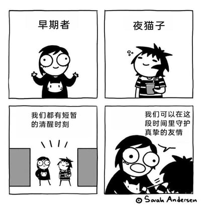 这是一幅四格连环漫画，以幽默温馨的风格展现了作息差异巨大的两类人之间的友情：第一格呈现了早起者，穿着带有猫图案的衣服，表情愉悦地抬起双手；第二格是夜猫子，身着条纹衫，惬意地拿着杯子，神态放松。第三格描绘了这两类人在某个短暂的时间段里相遇，配文“我们都有短暂的清醒时刻”，点明两人作息的交集时刻。第四格中，早起者兴奋地和夜猫子互动，配文“我们可以在这段时间里守护真挚的友情”，传递出即使作息差异显著，也能在有限的交集里维系真挚友情的温暖情感。