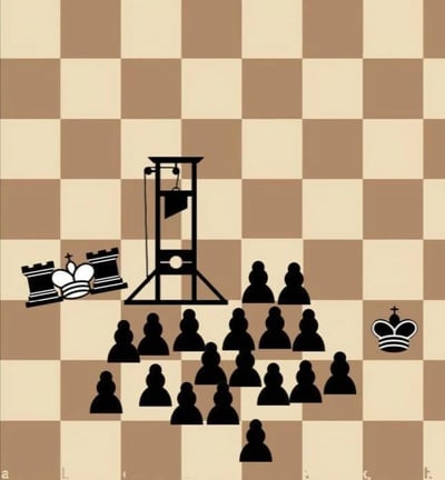 这是一幅风格化的国际象棋场景图，背景为棕白相间的标准棋盘格。画面左侧可见白色棋子（包括国王和两个车）倒在棋盘上，呈现被击败的状态；中央位置有一个黑色的断头台装置，仿佛是“处决”白色棋子的工具；断头台右侧整齐排列着多排黑色兵卒，最右侧则站立着黑色国王。整体构图通过将断头台这一具有强烈象征意义的元素融入棋盘，幽默夸张地表现了黑色棋子对白色棋子的决定性胜利，形成一种荒诞又有趣的视觉隐喻。
