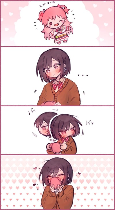 这是一幅四格日系卡通漫画，内容围绕两位原创少女展开：
1. 第一格：Q版双马尾粉发少女开心蹦跳，配日文拟声词“うごッリ～”，氛围软萌可爱；
2. 第二格：棕发短发少女捧着这个Q版粉发少女，脸颊泛红，一脸错愕又害羞，旁边的“...”表现她的失神；
3. 第三格：短发少女羞恼地用力摇晃手里的Q版粉发少女，配日文拟声词“バシバシ”，脸颊的红晕更明显；
4. 第四格：短发少女把Q版粉发少女捂在脸上，脸颊通红，背景布满爱心，直白地表现出她心动害羞到极致的状态。
整体是充满少女心的百合向内容，传递出害羞又激动的情绪，没有双关或谐音梗。