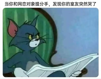 这是一张改编自经典动画《猫和老鼠》的梗图，画面中汤姆猫正坐在椅子上阅读报纸，表情愤怒而严肃。图片上方配有文字“当你和网恋对象提分手，发现你的室友突然哭了”，通过汤姆猫的愤怒表情与文字内容形成幽默反差，暗示室友可能就是那个网恋对象，制造出戏剧性的搞笑效果。