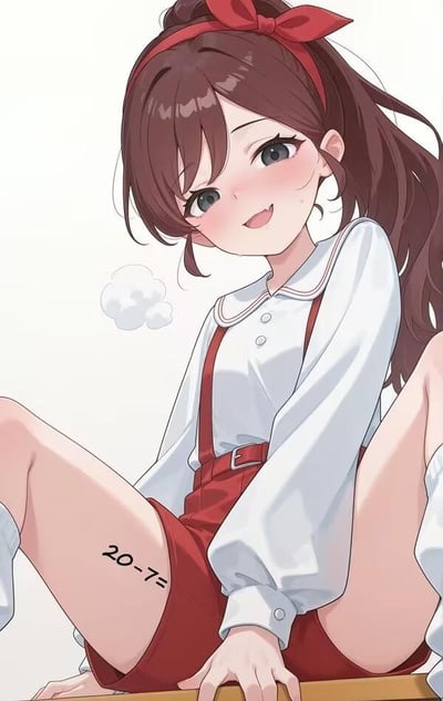 一张动漫风格的插画，描绘了一位棕色长发的少女。她头戴红色蝴蝶结发箍，身穿白色娃娃领衬衫和红色背带短裤，正盘腿而坐。少女脸颊泛红，带着腼腆的微笑，眼神温柔地看向一侧。她的左腿上有一个黑色的数学算式纹身“20-7=”。背景为纯白色，左侧有一小团云朵装饰，整体风格清新可爱，充满日系动漫的甜美感。