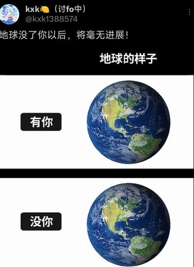 这是一张社交媒体上的搞笑反套路梗图，发布者配文“地球没了你以后，将毫无进展！”，随后通过上下两部分的对比图制造反差笑点：上半部分标注“有你”，展示正常的地球卫星图；下半部分标注“没你”，却使用了和上半部分完全相同的地球图片，用这种方式反讽“少了谁地球都照样运转”的事实，用预期和实际的反差感来戏谑调侃。