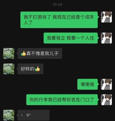 这是一段模拟微信聊天界面的静态截图，以对话形式呈现了一个搞笑反转的场景：绿色气泡的发言者是儿子，他先向爸爸表示自己不再打游戏，已经是成年人了，想要独立、一个人住；灰色气泡的爸爸看到后很欣慰，接连夸赞儿子“真不愧是我儿子”“好样的”；儿子回复“谢谢爸”后，紧接着抛出反转内容“你的行李我已经帮你丢在门口了”，最后爸爸发送了一条6秒的语音，结合上下文推测爸爸此时应该是错愕、无语甚至生气的状态。整个对话通过前后的反差制造出强烈的搞笑效果，把“独立”的含义曲解为将父亲赶出家门，形成了幽默的梗。