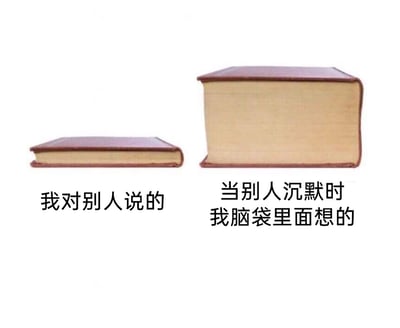 这是一张左右对比式的静态图文梗图，通过两本厚度差异极大的书本，直观展现了部分人群的社交状态：左侧的薄书本对应配文“我对别人说的”，象征着这类人在社交中实际表达出来的内容极少，嘴笨不善言辞；右侧的厚重书本对应配文“当别人沉默时我脑袋里面想的”，则表现出当社交场景出现沉默空白时，这类人内心的想法极其丰富，有着超多的内心戏。书本厚度的强烈反差，生动且幽默地放大了“表达少、内心戏多”的社交反差感，能够精准戳中有着类似社交体验的人群，引发强烈共鸣。