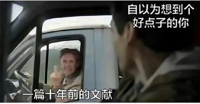 这是一张由经典电影截图改编的学术主题梗图，画面截取了电影《这个杀手不太冷》中里昂坐在车里的场景，为其添加了贴合学术圈痛点的文字：画面里面带微笑、竖起大拇指的里昂代表“自以为想到个好点子的你”，而镜头外的视角则象征“一篇十年前的文献”，精准调侃了科研、学术创作过程中，自己绞尽脑汁构思出的创新想法，早已被多年前的文献研究过的无奈又好笑的经历，戳中了众多学术从业者、学生的共鸣点。