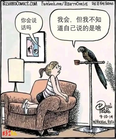 这是一张漫画搞笑图片，场景是一个女孩趴在沙发上，疑惑地问一只鹦鹉“你会说话吗”。鹦鹉则认真地回答：“我会，但我不知道自己说的是什么。”画面幽默，展现了鹦鹉会学舌但不懂意思的日常趣事，同时也暗示了现实生活中很多人有“只是会说却不懂内涵”的状况。

**双关梗说明**：鹦鹉的回答也可以指人类某些时候虽会表达但并不理解自己说的内容，具有讽刺意味。