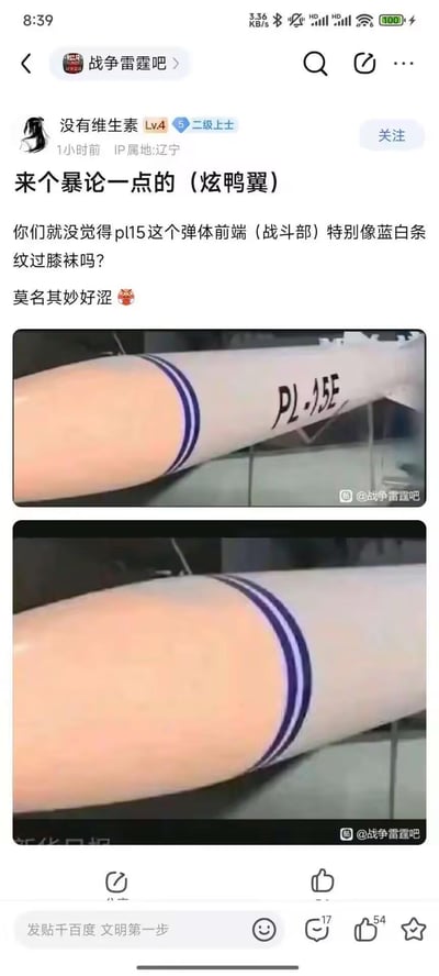 百度贴吧战争雷霆吧的用户发布帖子，将PL-15E导弹战斗部前端的蓝白双环带涂装，脑洞大开地联想成二次元常见的蓝白条纹过膝袜，并表示这种联想“莫名其妙好涩”，同时配上两张导弹的特写图来展示这个联想的点。
这个玩梗属于视觉联想类的脑洞玩梗，把军事装备的涂装和二次元元素结合，制造出趣味效果。