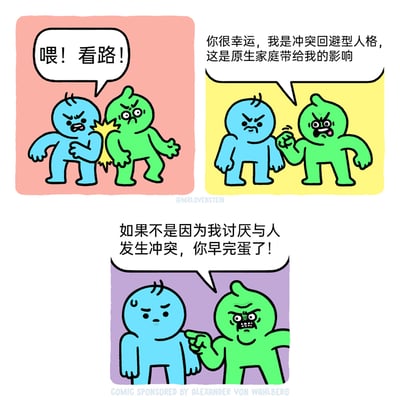 这是一幅三格连环搞笑漫画：第一格中蓝色小人撞到绿色小人后，愤怒地指责对方“喂！看路！”；第二格中绿色小人攥紧拳头，愤怒地表示“你很幸运，我是冲突回避型人格，这是原生家庭带给我的影响”；第三格中绿色小人彻底暴怒，手指着蓝色小人吼道“如果不是因为我讨厌与人发生冲突，你早完蛋了！”，而蓝色小人则露出心虚冒汗的表情。漫画用反讽的方式，调侃了部分人嘴上标榜自己是冲突回避型人格，实则以此为借口发泄愤怒，将“回避冲突”转化为带有威胁感的反向吐槽，通过夸张的表情和反转的对话制造出强烈的搞笑反差感。