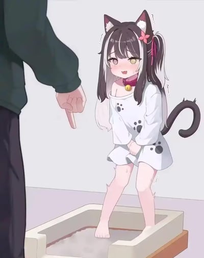 图中呈现了一位有着猫耳与猫尾的二次元猫耳娘，她站在猫砂盆中，双手揪着身上带有猫爪印的宽松衣服，双腿和脸颊都带着汗珠，眼神慌乱、脸颊泛红，神态满是紧张与愧疚。画面左侧有一个人伸出手指指向她，似乎正在训斥她。这幅作品将猫咪使用猫砂盆的行为拟人化，把猫耳娘塑造成做出类似猫咪的“犯错”行为被主人训斥的形象，营造出既可爱又窘迫的氛围，没有双关、谐音梗等隐含内容。