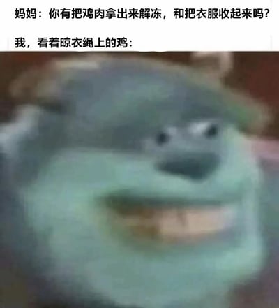 图片上半部分是妈妈的提问：“你有把鸡肉拿出来解冻，和把衣服收起来吗？”，下半部分是一个绿色卡通角色的模糊图像，配文“我，看着晾衣绳上的鸡：”。通过文字与图像结合，营造出一种因误解妈妈指令而将鸡肉挂在晾衣绳上的搞笑场景，展现了家庭日常中的幽默误会。