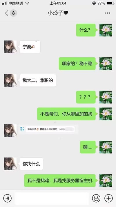 这是一张手机聊天记录截图，展示了一场因文字歧义引发的搞笑误会。一方（动漫头像）寻找宁波的服务器宿主机，在聊天中提及“宁波”“兼职”等信息，另一方（头像是荷花、昵称“小玲子”）误以为对方在寻找非法服务（“鸡”），最终通过截图澄清是“服务器宿主机”，对话充满尴尬又搞笑的氛围。