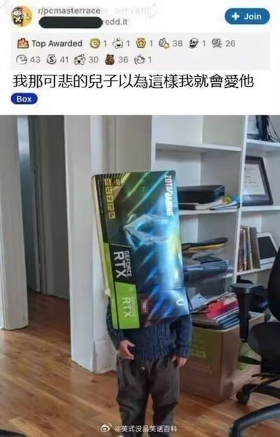 这是一张搞笑类梗图，配图是一名小朋友把一整个GeForce RTX 3090显卡的大包装盒套在自己头上，展现出一个有趣又略带无奈的场景。配图上的文字是台繁中文：“我那可怜的儿子以为这样我就会爱他”，讽刺了很多电脑/科技爱好者热衷装备、可能甚至重硬件轻家人的现象。整体气氛轻松，带有自嘲和家庭情感的调侃色彩。由于“爱他”与硬件（it/IT/RTX显卡）的双关，有一定的玩梗成分。
