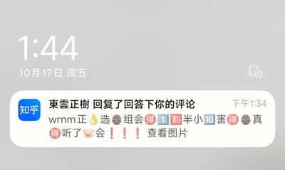 这是一张手机屏幕截图，显示的是10月17日周五1:44时收到的知乎通知。通知内容为用户「東雲正樹」回复了用户在某回答下的评论，回复内容使用了大量谐音、表情符号和数字谐音梗：将「真」写成「正」、「惨」用猩猩表情谐音「选」、「被」用「🉐」代替、「一」用数字「1」、「鸽（拖延）」用「割」、「时」用数字「10」、「组」用猪头表情「🐷」，组合起来表达「真惨，组会被拖延了一个半小时，害得我不得不听完这场组会」的抱怨情绪，末尾还附带「查看图片」的选项，整体是学生或科研工作者对组会超时的吐槽。