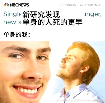 这是一张二次创作的搞笑表情包，顶部改编了2017年2月1日NBC NEWS的新闻截图，添加中文文字“新研究发现 单身的人死的更早”，下方标注“单身的我：”，并拼接了两张男性的图片：一张是近距离面向镜头、咧嘴微笑且眼神带戏谑感的大脸，另一张是仰头闭眼、一脸放松享受的男性，以此幽默地表现单身人士看到该研究结果时毫不在意、坦然接受的心态，消解了研究结论带来的负面暗示。