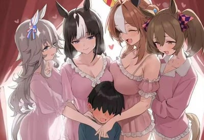 四位有着马耳和马尾特征的美少女围绕着一个脸红害羞的黑发男孩，她们都穿着粉色系的蕾丝边睡衣，表情温柔开心。背景是红色的窗帘和散落的爱心图案，营造出温馨又有点浪漫的氛围。