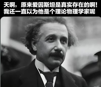 这张梗图上方有一行幽默文字：'天啊，原来爱因斯坦是真实存在的啊！我还一直以为他是个理论物理学家呢'，下方是爱因斯坦的经典黑白肖像照片。图片通过制造认知冲突来产生喜剧效果，实际上爱因斯坦既是真实存在的历史人物，也是著名的理论物理学家。