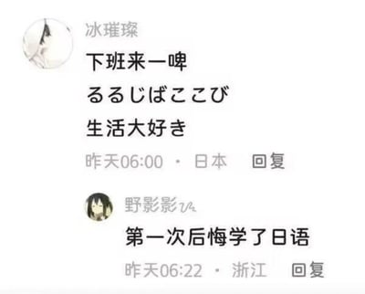 这是一张社交媒体评论截图，展示了两条有趣的互动评论。第一条评论混合了中文和看似无意义的日文，第二条评论则幽默地表达了学习日语后的"后悔"，形成了有趣的反差效果。