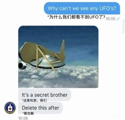 图片上方为蓝色对话气泡，内容为“Why can’t we see any UFO’s? *为什么我们都看不到UFO了?”并标注时间“10:05”。中间是一张UFO停留在冰雪地面上的图片，UFO呈圆盘状，带有支架结构。下方为灰色对话气泡，内容依次是“It’s a secret brother *这是机密，哥们”和“Delete this after *看完删”，左下角有类似徽章的图标，标注时间“10:06”。整体通过模拟聊天对话的形式，以幽默调侃的方式回应“为何看不到UFO”的问题，暗示UFO存在但属于机密。