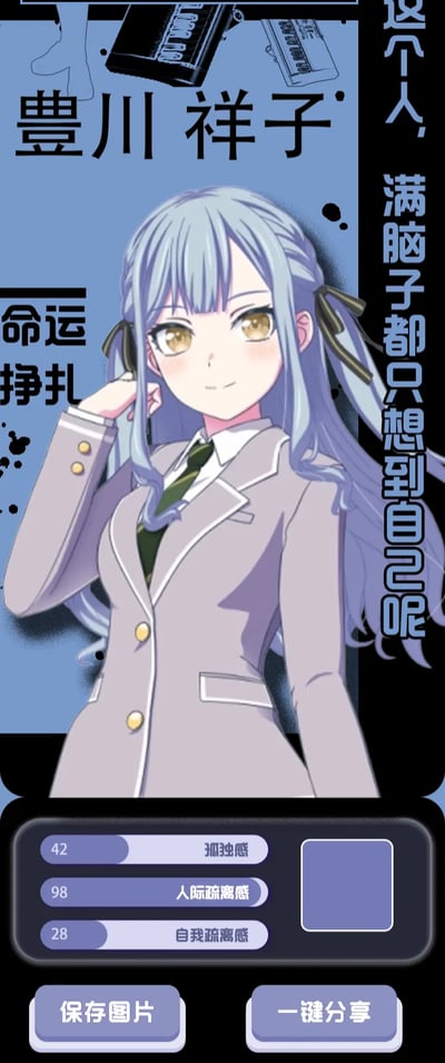 这是一张以二次元音乐企划《BanG Dream! It's MyGO!!!!!》中的角色豊川祥子为主体的趣味性格测试结果卡片。图中祥子身着星奏学院的灰色校服，面带腼腆的微笑，抬手轻触自己的浅蓝色长发；卡片上方标注角色名「豊川祥子」，搭配「命运 挣扎」「这个人，满脑子都只想到自己呢」的吐槽文字，下方展示了三项测试数据：孤独感42、人际疏离感98、自我疏离感28，底部还有「保存图片」「一键分享」的按钮，整体内容是对原作中角色内向、人际边界感强的性格的趣味玩梗诠释。
