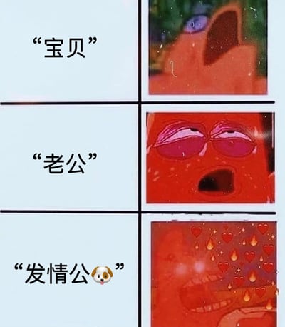 一张三行两列的对比图，左侧为文字，右侧为对应表情。第一行文字“宝贝”对应角色惊讶表情；第二行“老公”对应角色眯眼享受表情；第三行“发情公🐶”对应角色满脸通红、周围有爱心和汗水特效的夸张表情。通过角色对不同称呼的反应变化制造幽默效果。