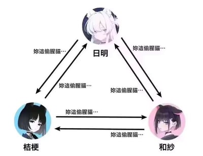 这是一张角色关系指责图，顶部中心是名为「日明」的白发角色，底部左侧是名为「桔梗」的黑发角色，底部右侧是名为「和纱」的黑发角色。三个角色之间形成三角形连接，所有连接线上都重复着「妳這偷腥貓...」(你这偷腥猫...)的指责文本，暗示着三者之间存在情感纠葛或背叛关系。
